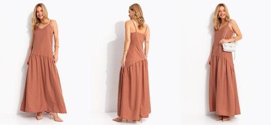 Vestido Po� Marrom em Tecido Plano Maquinetado