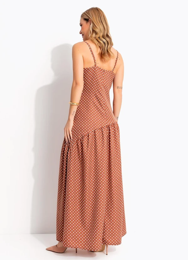 Quintess - Vestido Longo Poá Marrom com Alças Reguláveis e Babado Assimétrico 2