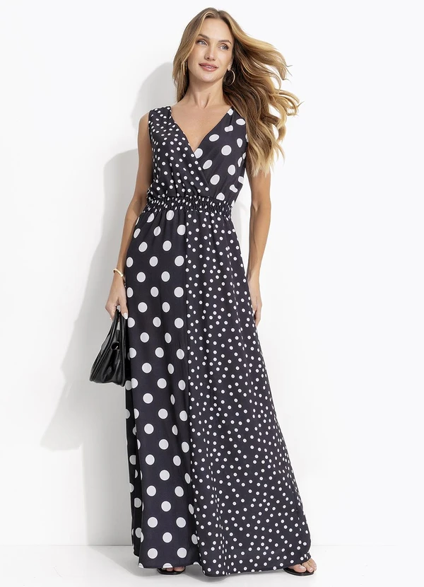 Quintess - Vestido Poá Preto em Viscose Plana