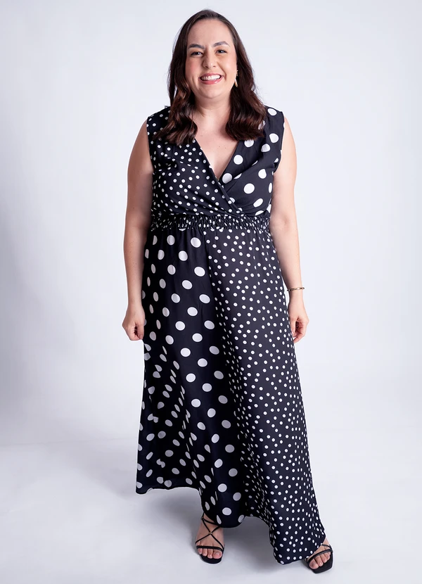 Quintess - Vestido Poá Preto em Viscose Plana 6