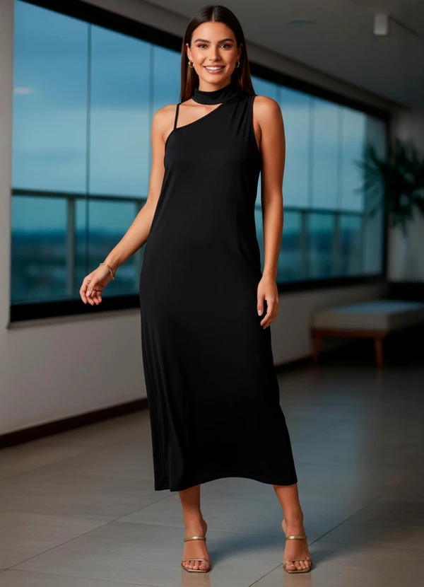 Quintess - Vestido Preto Assimétrico em Malha Fria 3