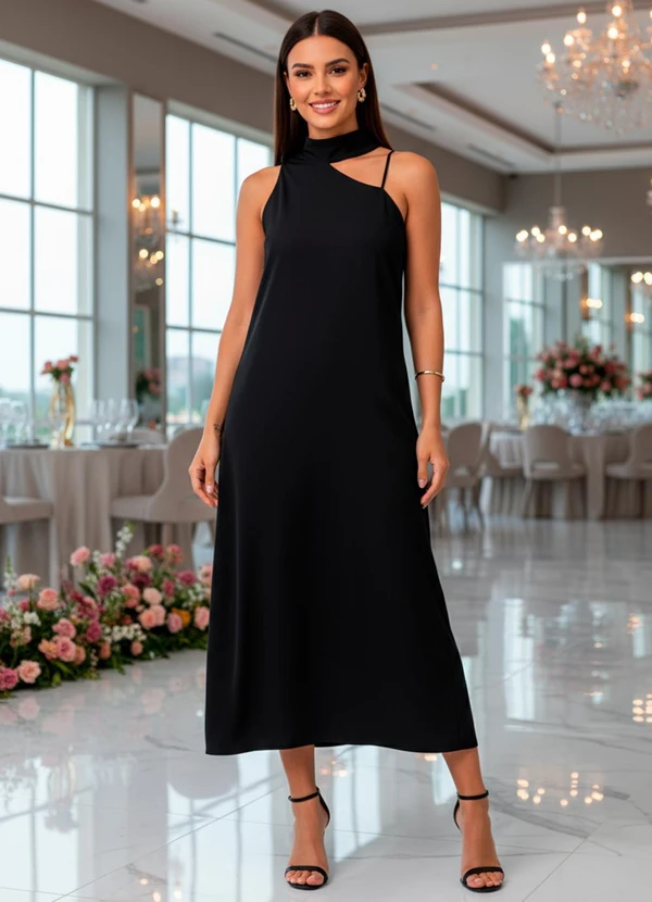 Quintess - Vestido Preto Assimétrico em Malha Fria 6