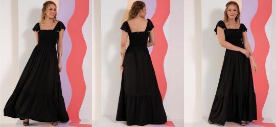 Vestido Preto com Babados nas Al�as e na Barra