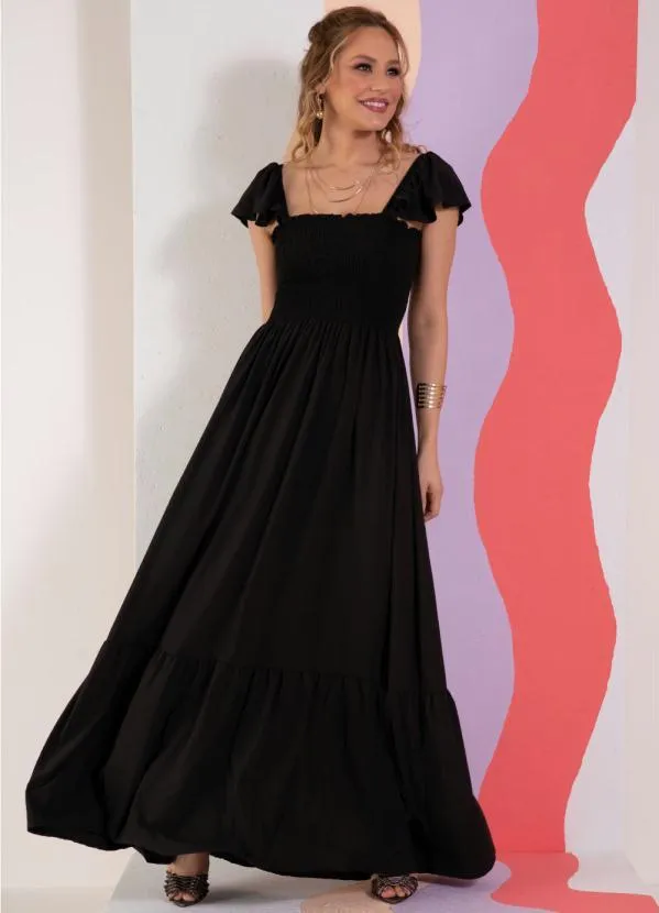 Vestido Preto com Babados nas Alças e na Barra Quintess