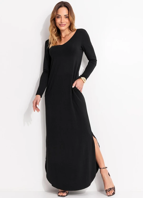 Quintess - Vestido Preto com Fendas nas Laterais