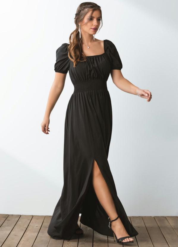 Quintess - Vestido Preto Decote Quadrado e Fenda na Saia 3