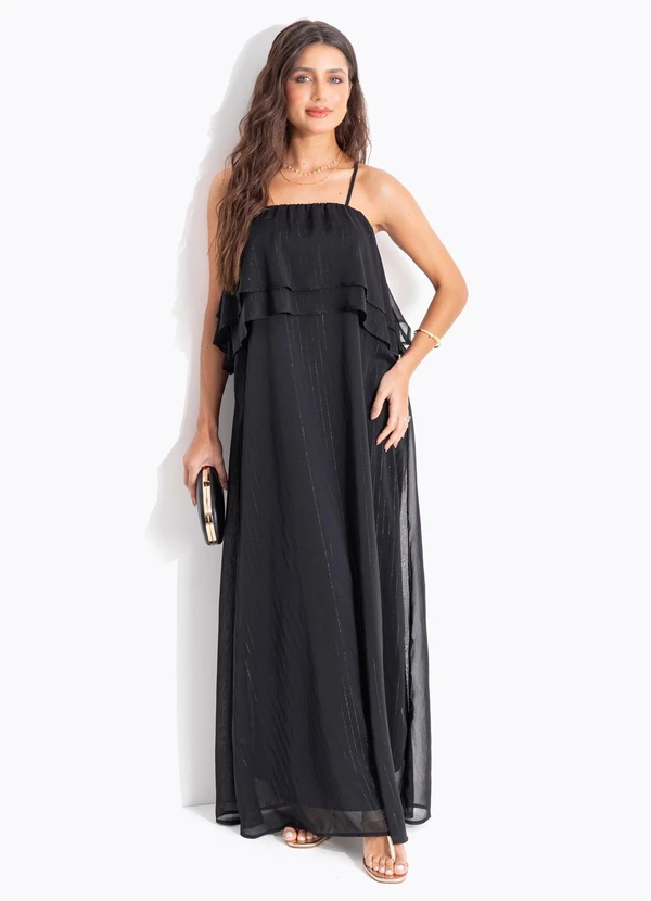 Quintess - Vestido Preto em Chiffon com Fios de Lurex