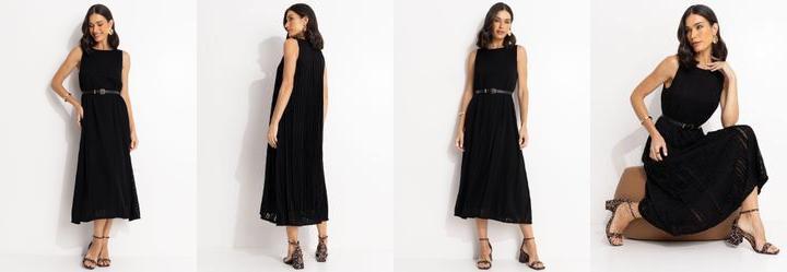 Vestido Preto em Malha Crepe Plissada