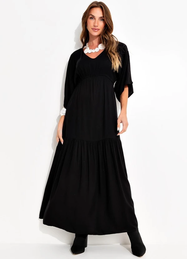 Quintess - Vestido Preto em Viscose Plana Sarjada