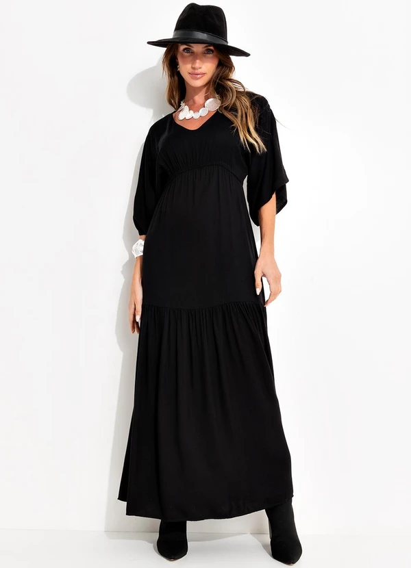 Quintess - Vestido Preto em Viscose Plana Sarjada