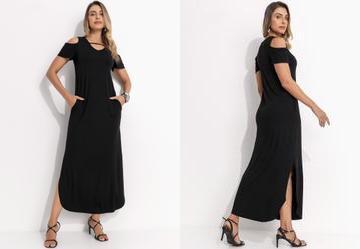 Vestido Preto Longo com Fendas e Ombro Vazado