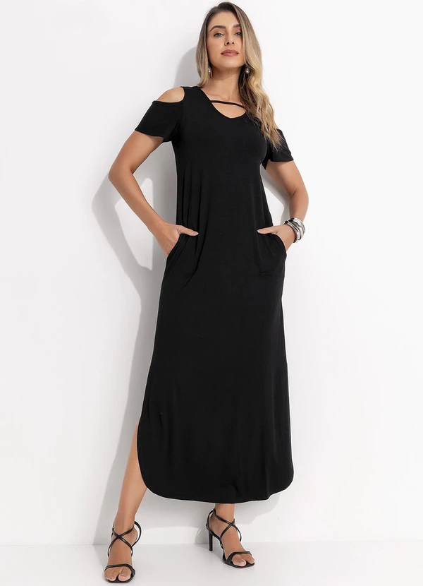 Quintess - Vestido Preto Longo com Fendas e Ombro Vazado