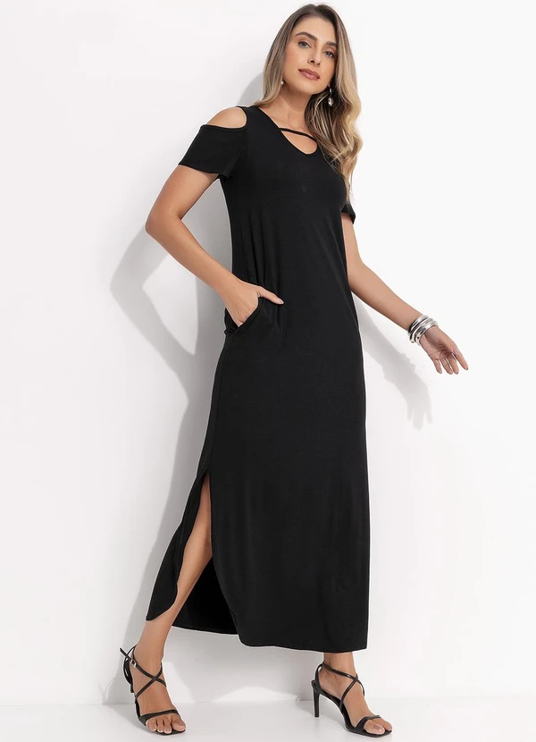 Quintess - Vestido Preto Longo com Fendas e Ombro Vazado 3