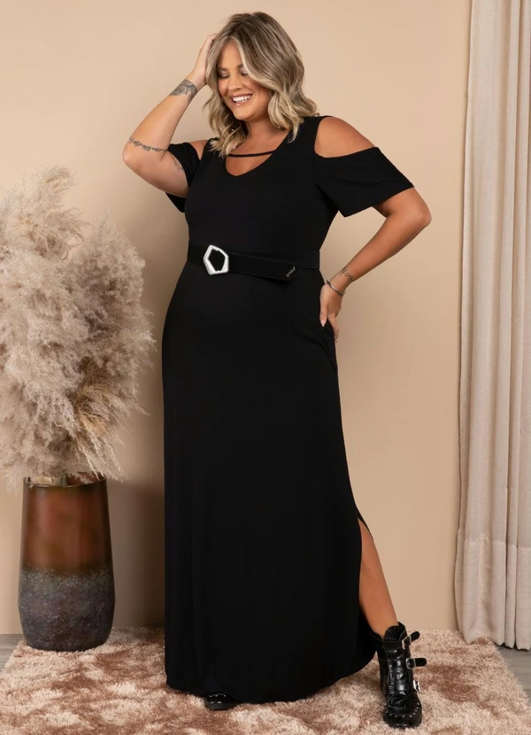 Quintess - Vestido Preto Longo com Fendas e Ombro Vazado 6