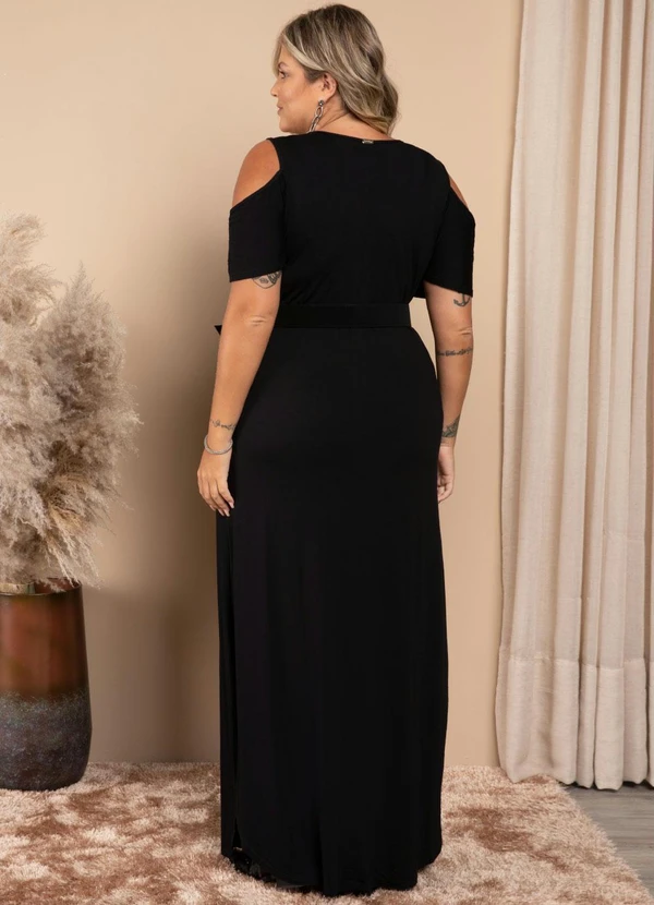 Quintess - Vestido Preto Longo com Fendas e Ombro Vazado 7