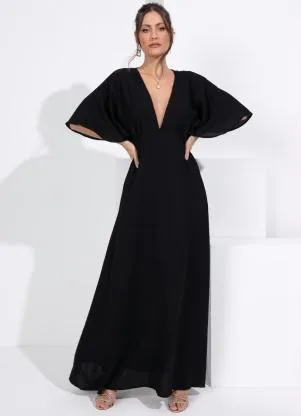 Quintess - Vestido Preto Longo com Transparência no Decote - QUINTESS