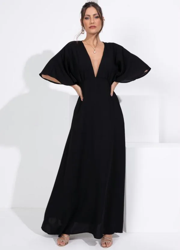 Vestido Preto Longo com Transparência no Decote Quintess