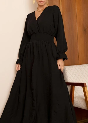 Quintess - Vestido Preto Longo em Tecido Plano Maquinetado - QUINTESS