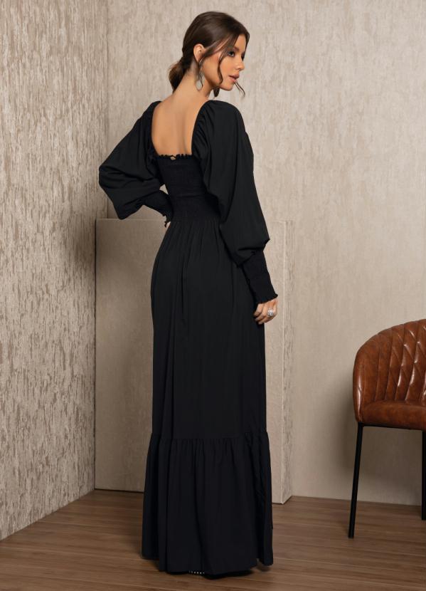 Quintess - Vestido Preto Mangas Longas com Franzidos 2