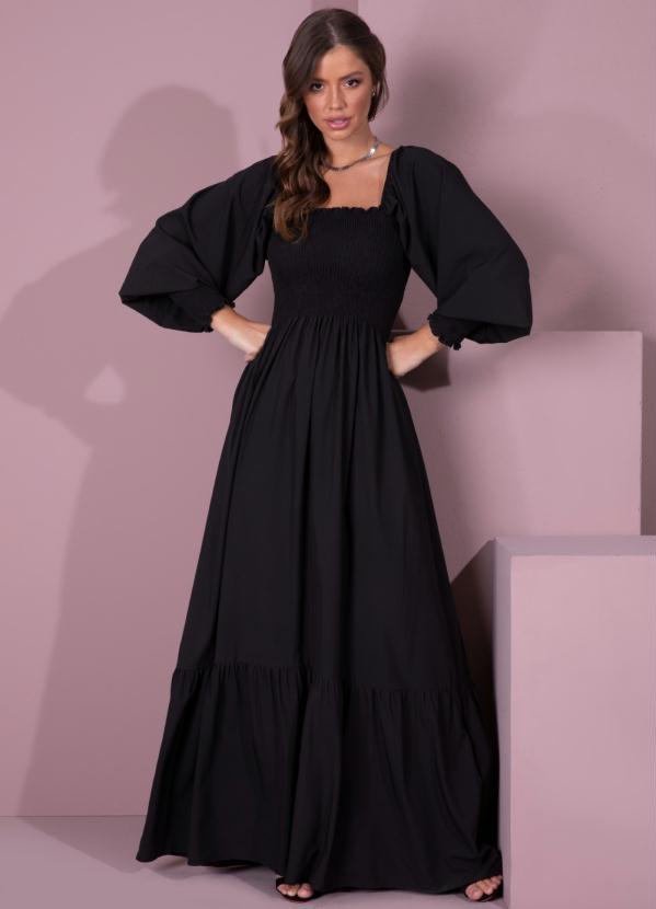 Quintess - Vestido Preto Mangas Longas com Franzidos 3