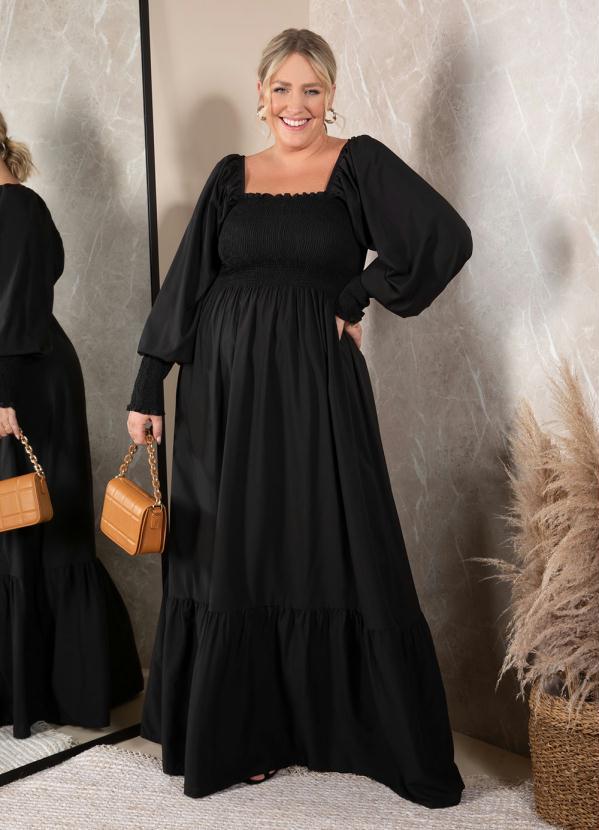 Quintess - Vestido Preto Mangas Longas com Franzidos 6