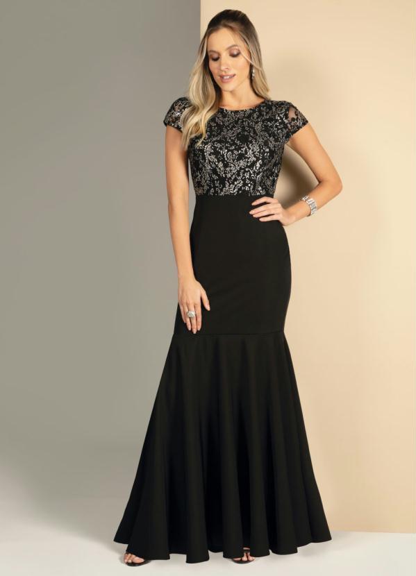 Quintess - Vestido Preto Sereia com Paetê e Mangas Curtas