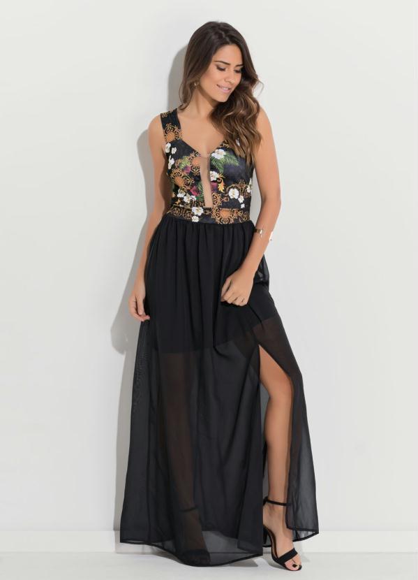 Quintess - Vestido Quintess Longo com Fenda Floral e Preto