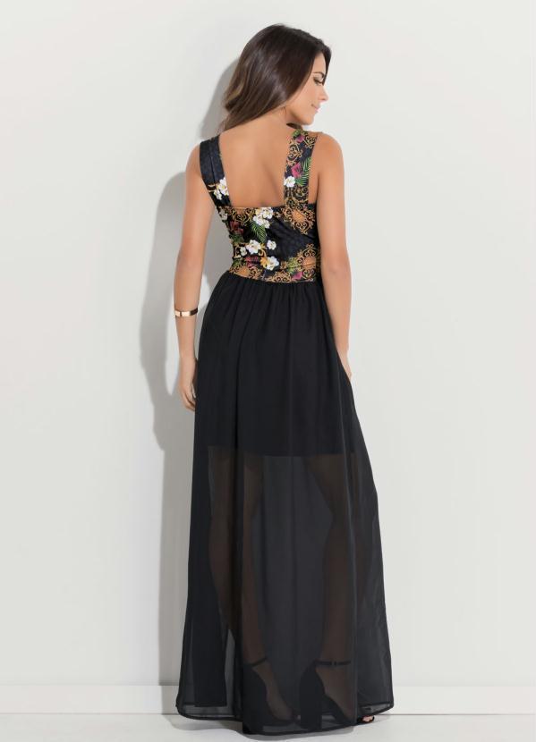 Quintess - Vestido Quintess Longo com Fenda Floral e Preto 2