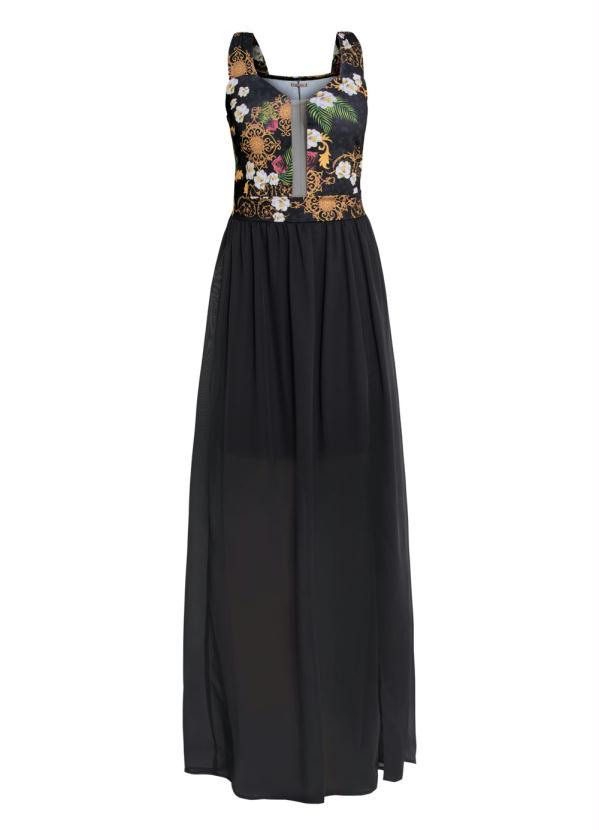 Quintess - Vestido Quintess Longo com Fenda Floral e Preto 3