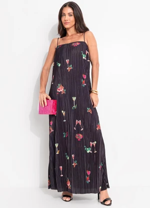 Farm - Vestido Reto Plissado Coquetel Tropical Preto - FARM