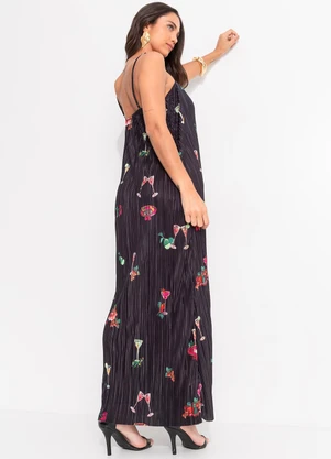 Farm - Vestido Reto Plissado Coquetel Tropical Preto - FARM