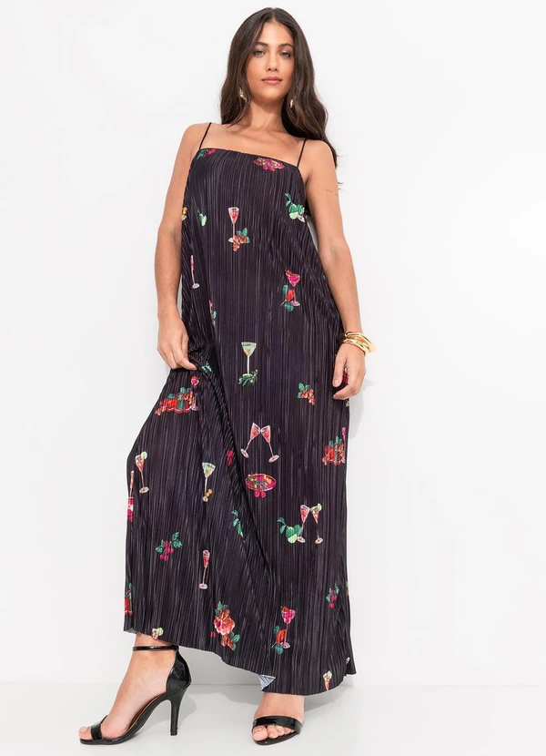 Farm - Vestido Reto Plissado Coquetel Tropical Preto 3