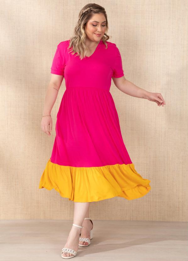 Outlet - Vestido Rosa/Amarelo com Recorte na Barra 5