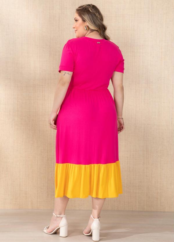 Outlet - Vestido Rosa/Amarelo com Recorte na Barra 6