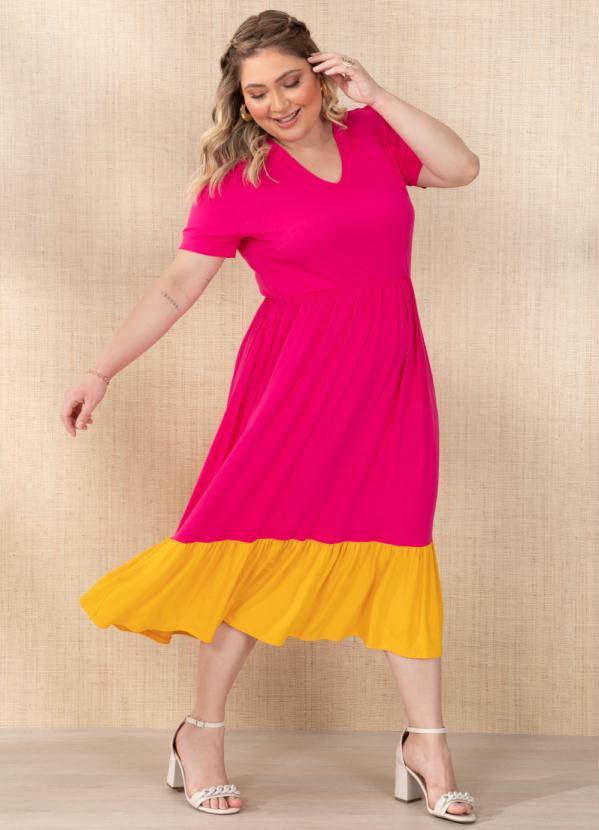 Outlet - Vestido Rosa/Amarelo com Recorte na Barra 7