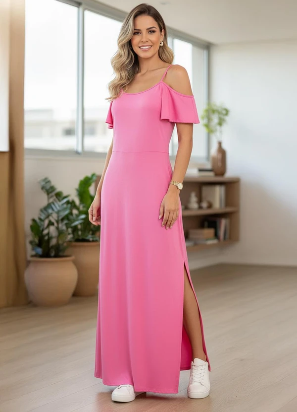 Quintess - Vestido Rosa com Fenda e Ombros Vazados 2