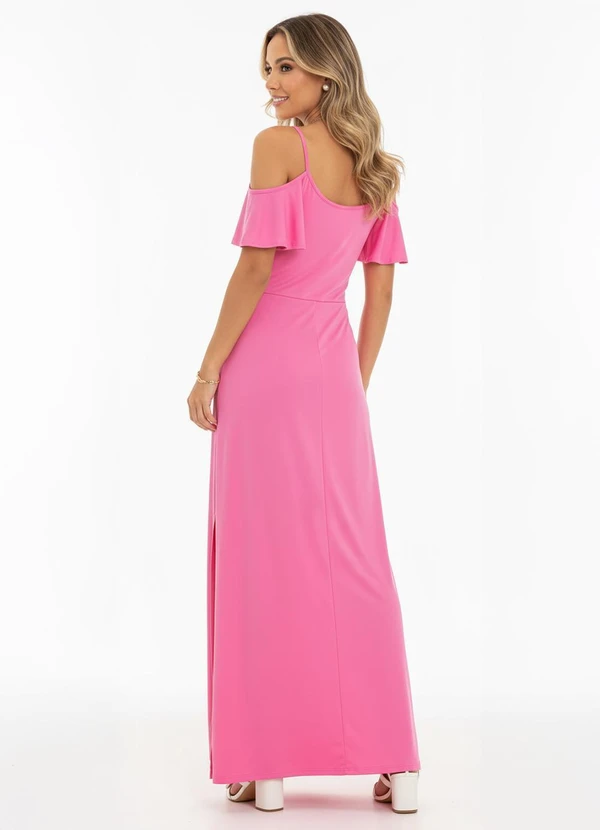 Quintess - Vestido Rosa com Fenda e Ombros Vazados 3