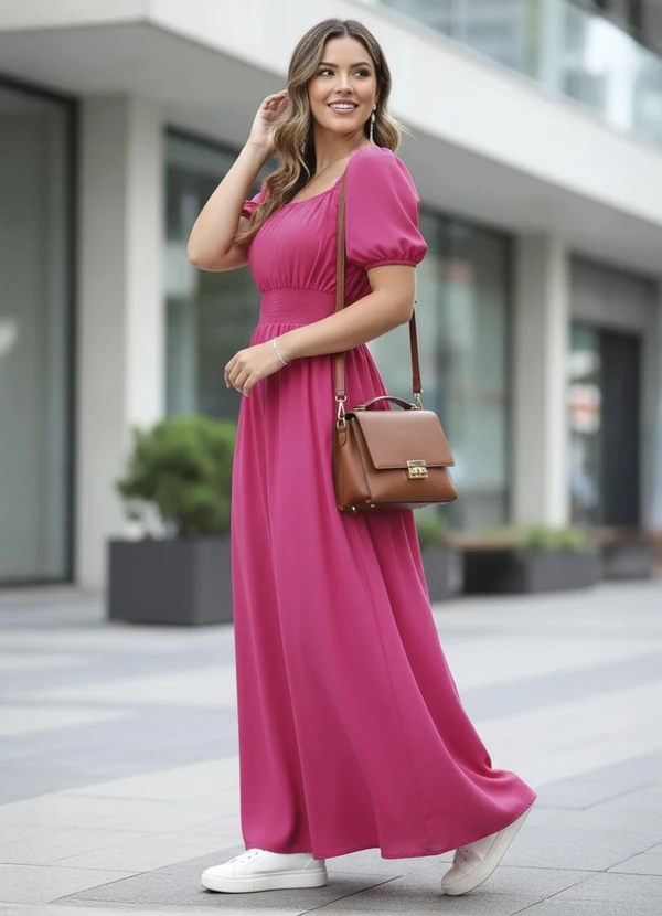 Quintess - Vestido Rosa Decote Quadrado e Fenda na Saia 4