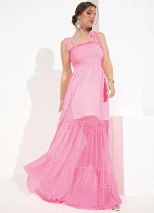 Queima Estoque - Vestido Rosa Neon de Camadas em Tule - QUEIMA ESTOQUE