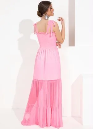Queima Estoque - Vestido Rosa Neon de Camadas em Tule - QUEIMA ESTOQUE