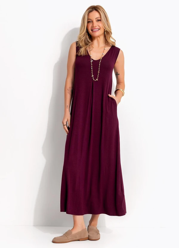 Quintess - Vestido Longo Soltinho de Malha com Bolsos e Decote V
