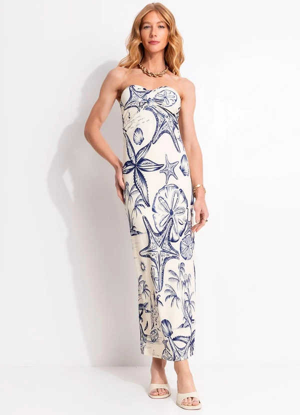 Farm - Vestido sem Alça Mar de Ondas Bege