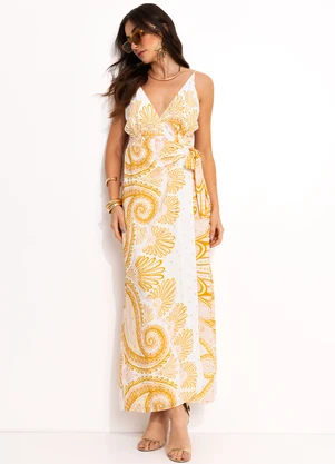 Farm - Vestido Transpassado em Viscose Amarelo - FARM