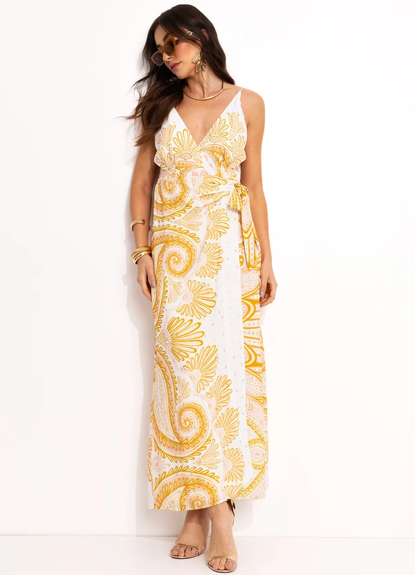 Farm Vestido Transpassado em Viscose Amarelo