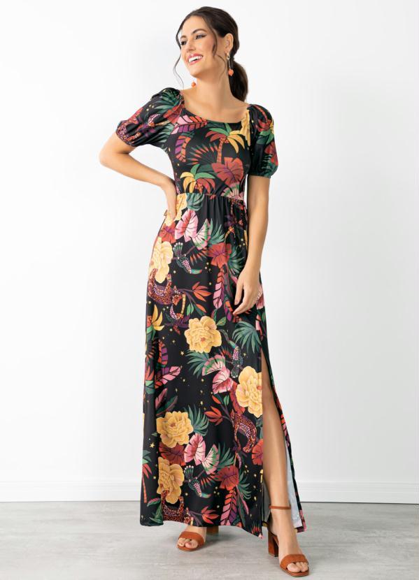 Quintess - Vestido Tropical Dark em Malha Fria com Fenda 2
