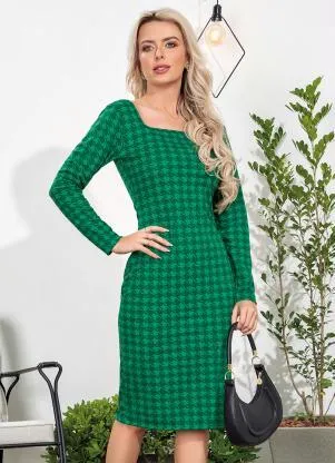 Moda Pop - Vestido Tubinho com Manga Longa Pied Poule Verde - MODA POP