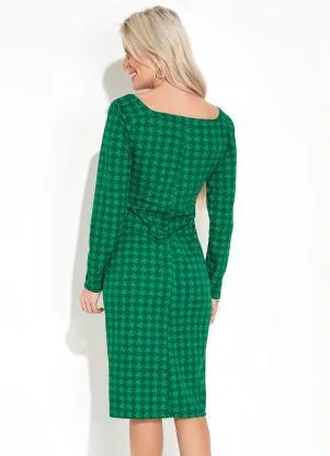 Moda Pop - Vestido Tubinho com Manga Longa Pied Poule Verde - MODA POP