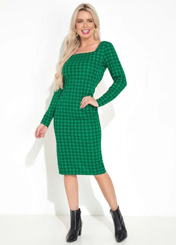 Moda Pop - Vestido Tubinho com Manga Longa Pied Poule Verde 3