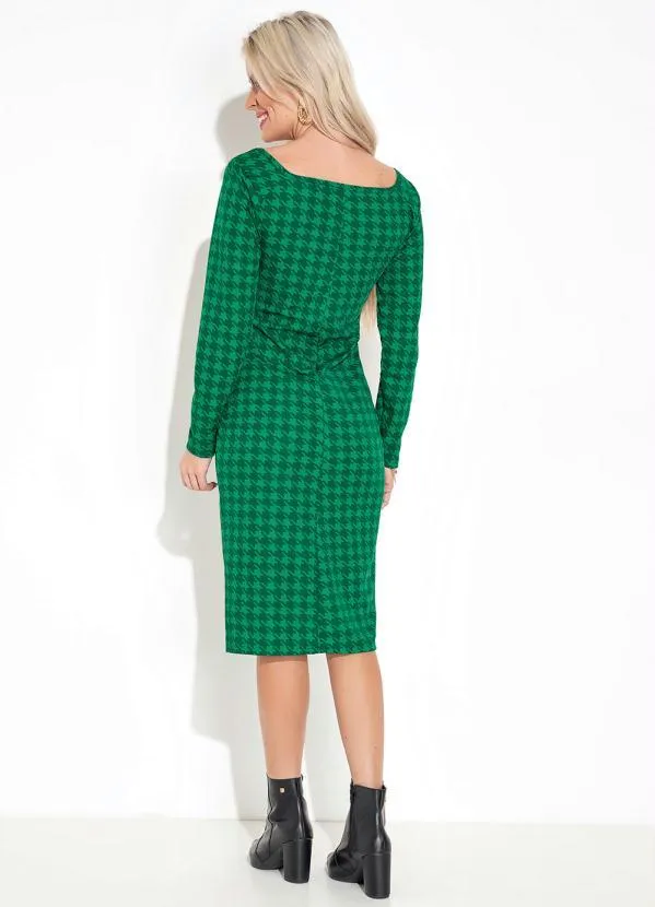 Moda Pop - Vestido Tubinho com Manga Longa Pied Poule Verde 4