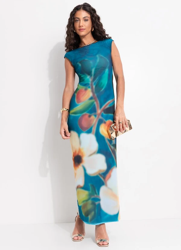 Farm - Vestido Tule Jardim Litoral Azul